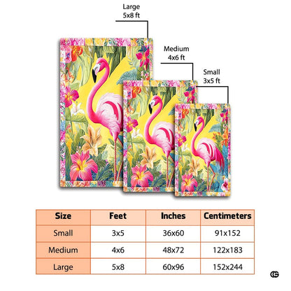 Detail of vibrant hibiscus blossoms and lush monstera foliage framing a graceful flamingo illustration. - thumbnail image 2 of 8