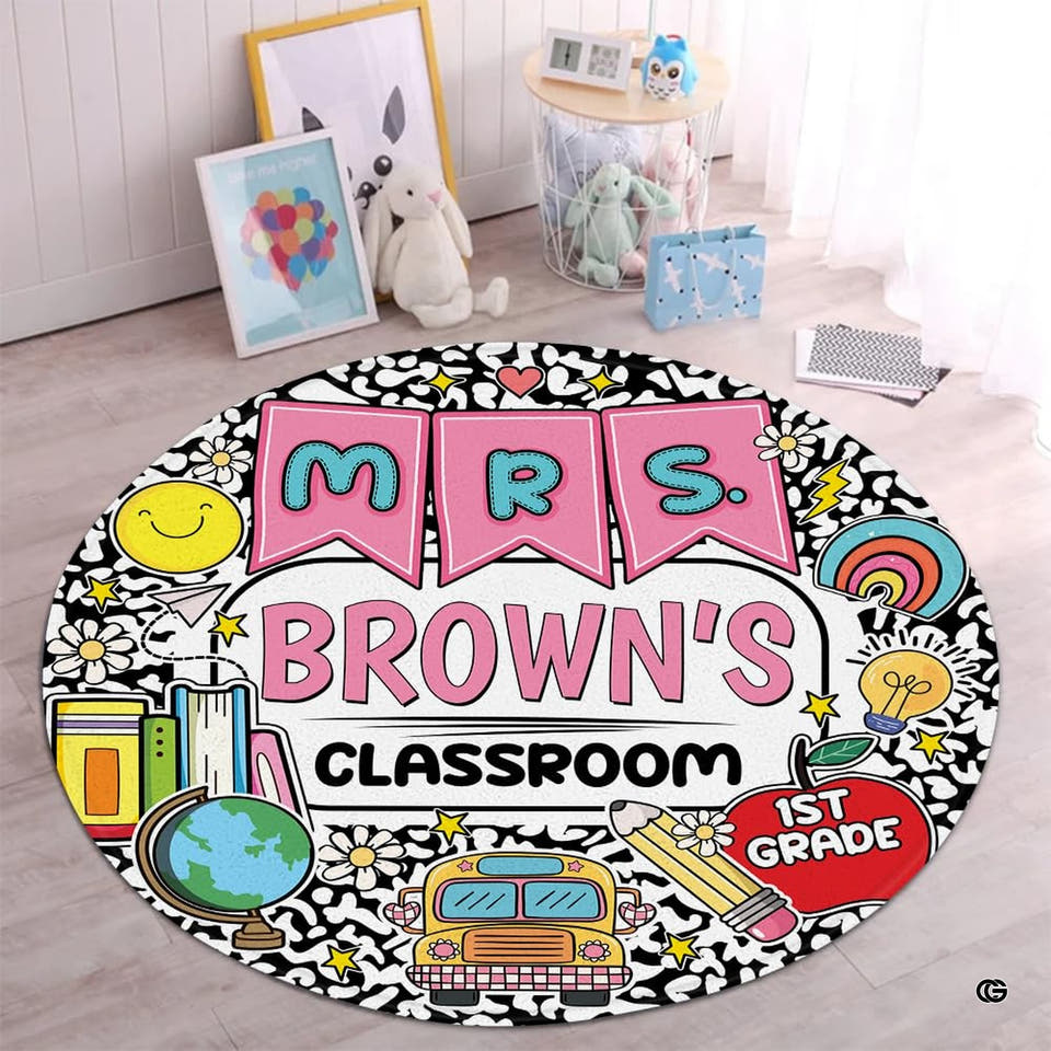 Teacher classroom pennant banner school bus area rug - view 1