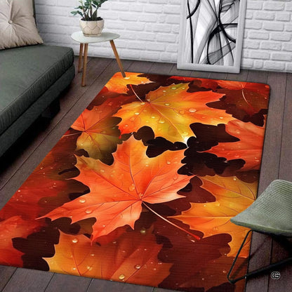 Modern living room sofa setting displaying the dew-kissed autumn maple leaves area rug - thumbnail image 1 of 7