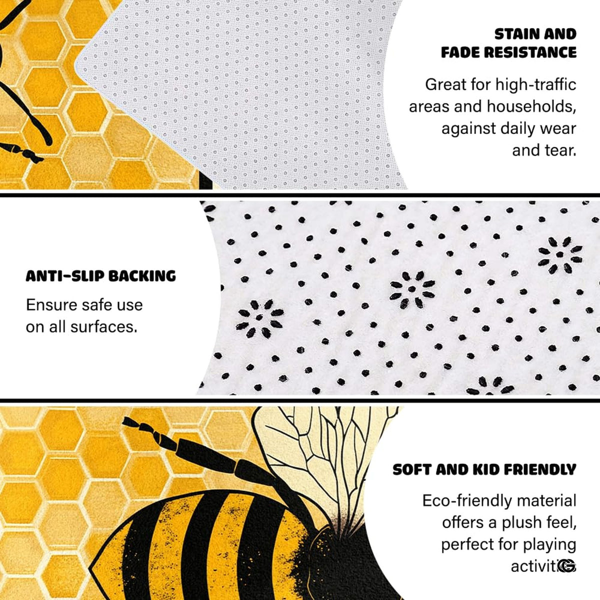 Honey bee rug hooking pattern area rug styled beneath a wooden coffee table in a modern living space.