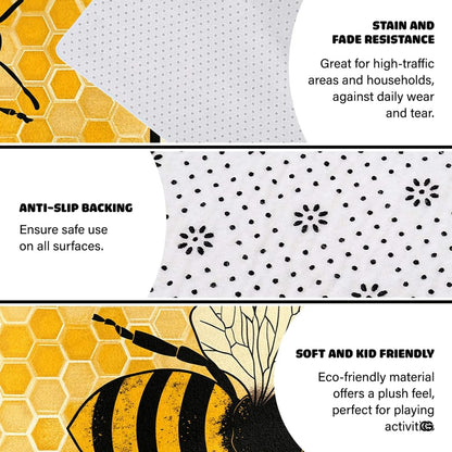 Honey bee rug hooking pattern area rug styled beneath a wooden coffee table in a modern living space. - thumbnail image 4 of 8