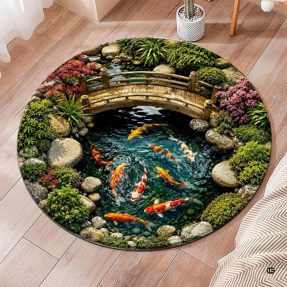 Japanese zen garden koi pond bridge area rug - view 1