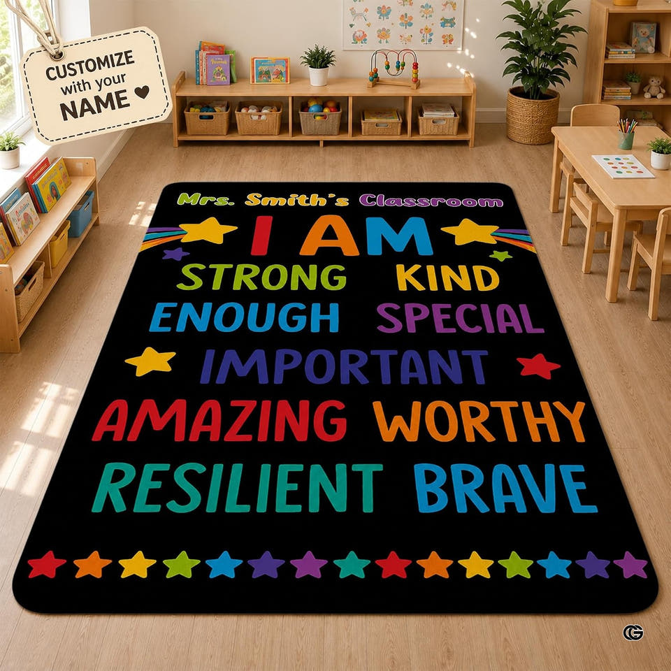 Rainbow shooting stars affirmations black kids area rug in primary perspective