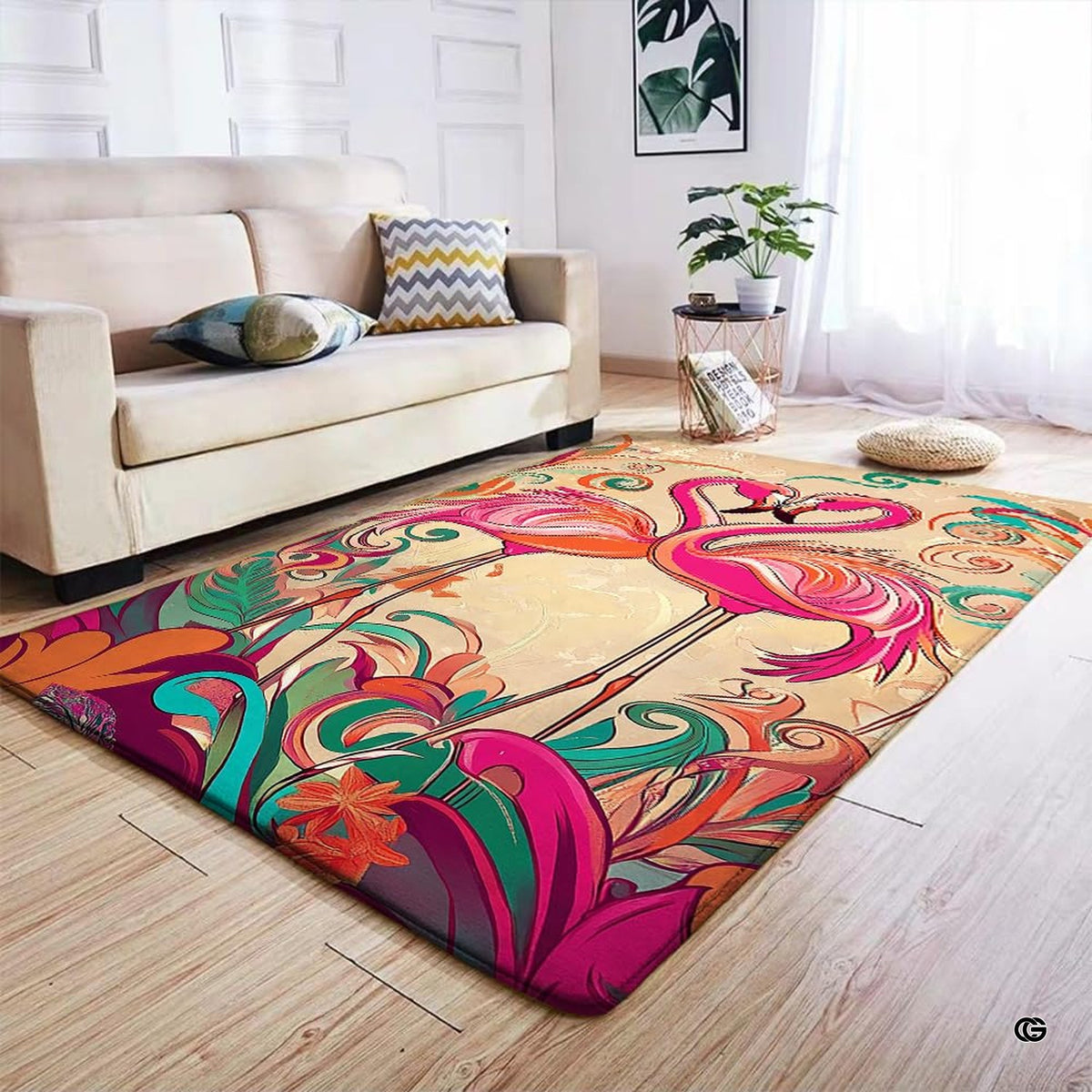 Flamingo couple area rug displayed beside living room couch and side table. - image 7 of 7