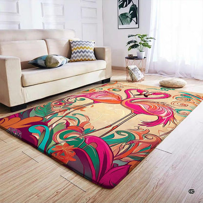 Flamingo couple area rug displayed beside living room couch and side table. - thumbnail image 7 of 7
