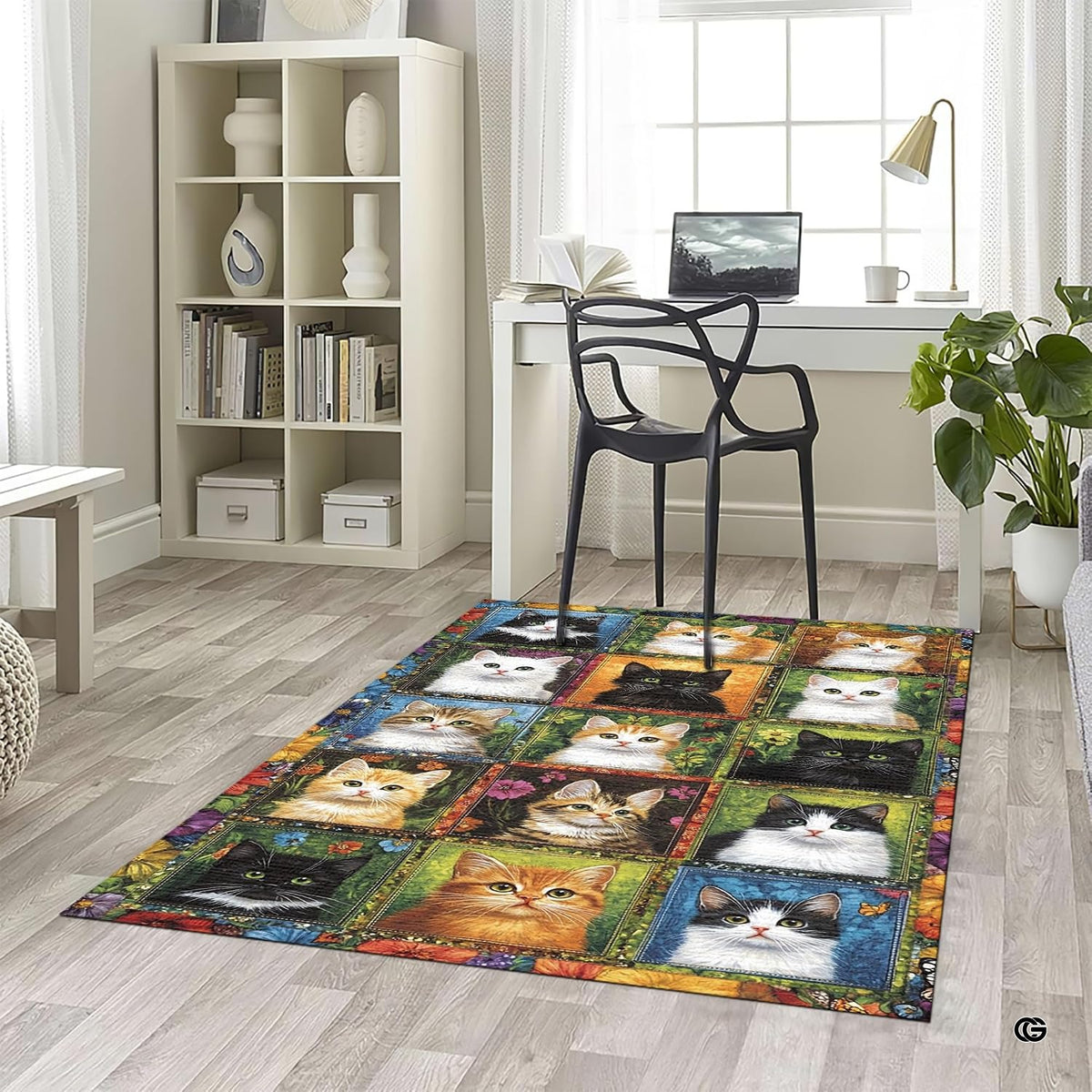 Angle view showcasing the emerald green and royal blue floral borders of the area rug.