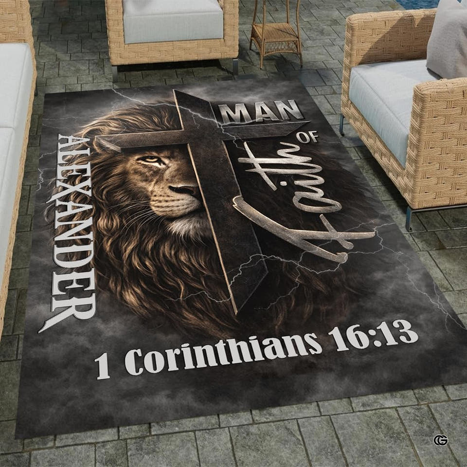 Masculine area rug featuring a stately lion and dimensional wooden cross motif.