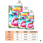 Top-down view of whimsical flamingo artwork on sandy shores beside ocean surf. - thumbnail image 2 of 8