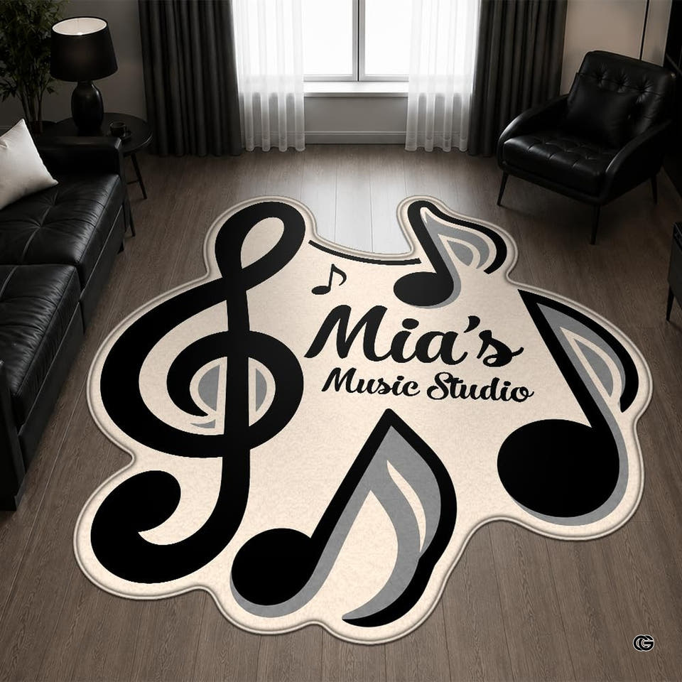 Treble clef and music notes rug in a dark living room