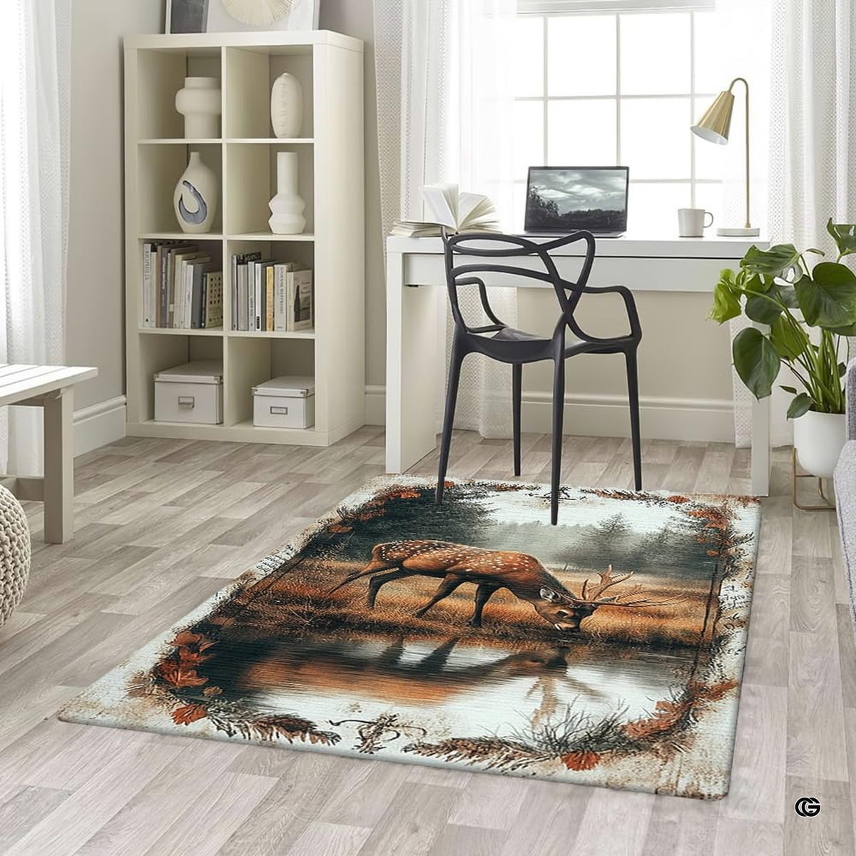 Overhead perspective of rustic wildlife pond scene area rug framed with decorative foliage vignette border.