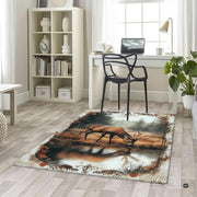 Overhead perspective of rustic wildlife pond scene area rug framed with decorative foliage vignette border. - thumbnail image 5 of 5