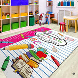 Classroom decorative accent notebook area rug with pencil, globe, and apple illustration.