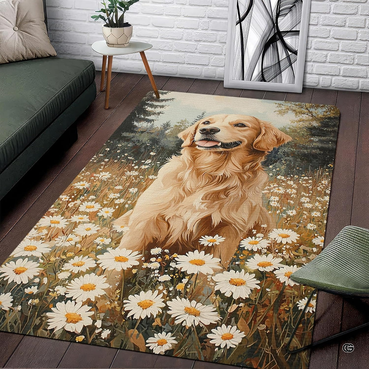 Living room setup with hardwood floor and white brick wall showcasing golden retriever daisy floral area rug