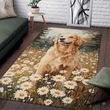 Living room setup with hardwood floor and white brick wall showcasing golden retriever daisy floral area rug