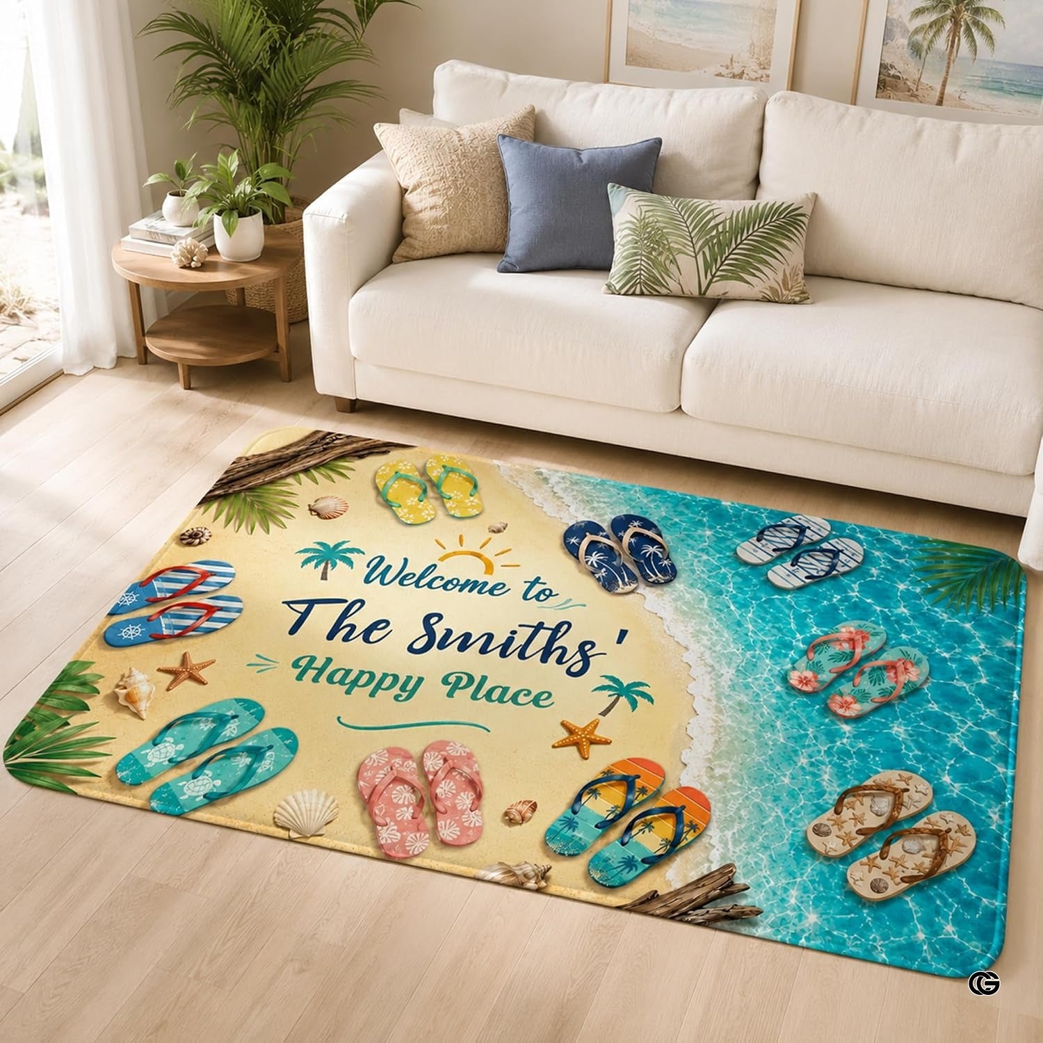 Personalized Tropical Beach Rug, Custom Family Name Tropical Outdoor Rug, Flamingo Surfboard Ocean Area Rug for Living Room, Patio, Beach House Decor, Design 01