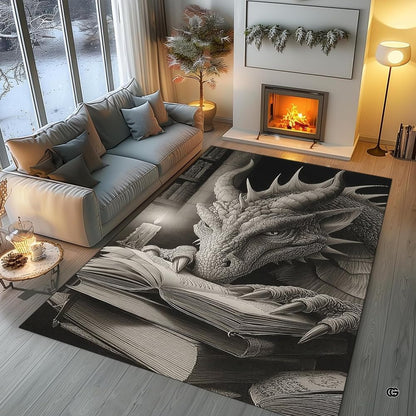 Charcoal fantasy dragon resting its head and claws on an open spellbook beside a candle in an ancient library area rug. - thumbnail image 5 of 8