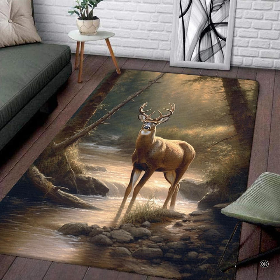 Classroom area rug displaying a majestic male deer standing in a shallow forest stream under golden sunlight.