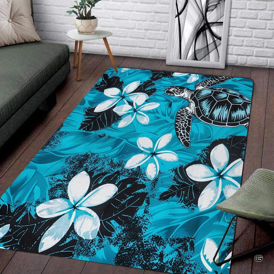 Hawaiian Honu sea turtle plumeria blue illustration rectangular area rug.