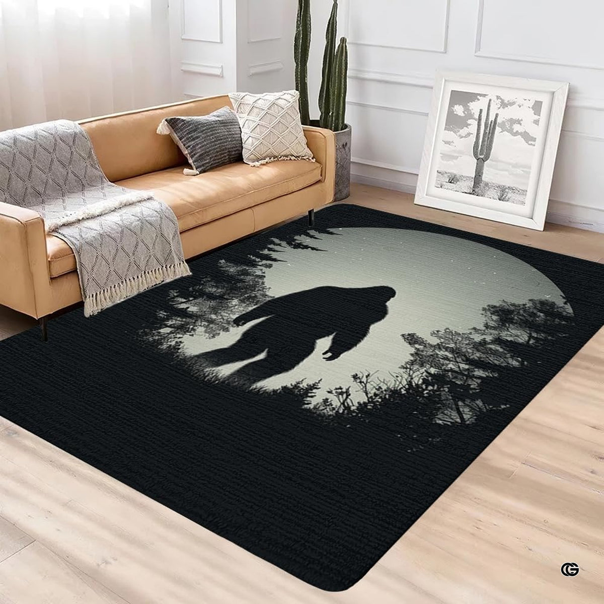 Bigfoot Sasquatch area rug styled on hardwood floor in modern living room setting.