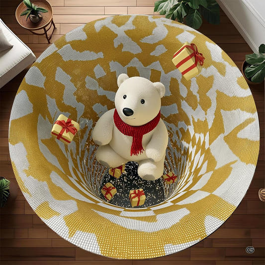 Round polar bear rug with red scarf and gold tunnel illusion