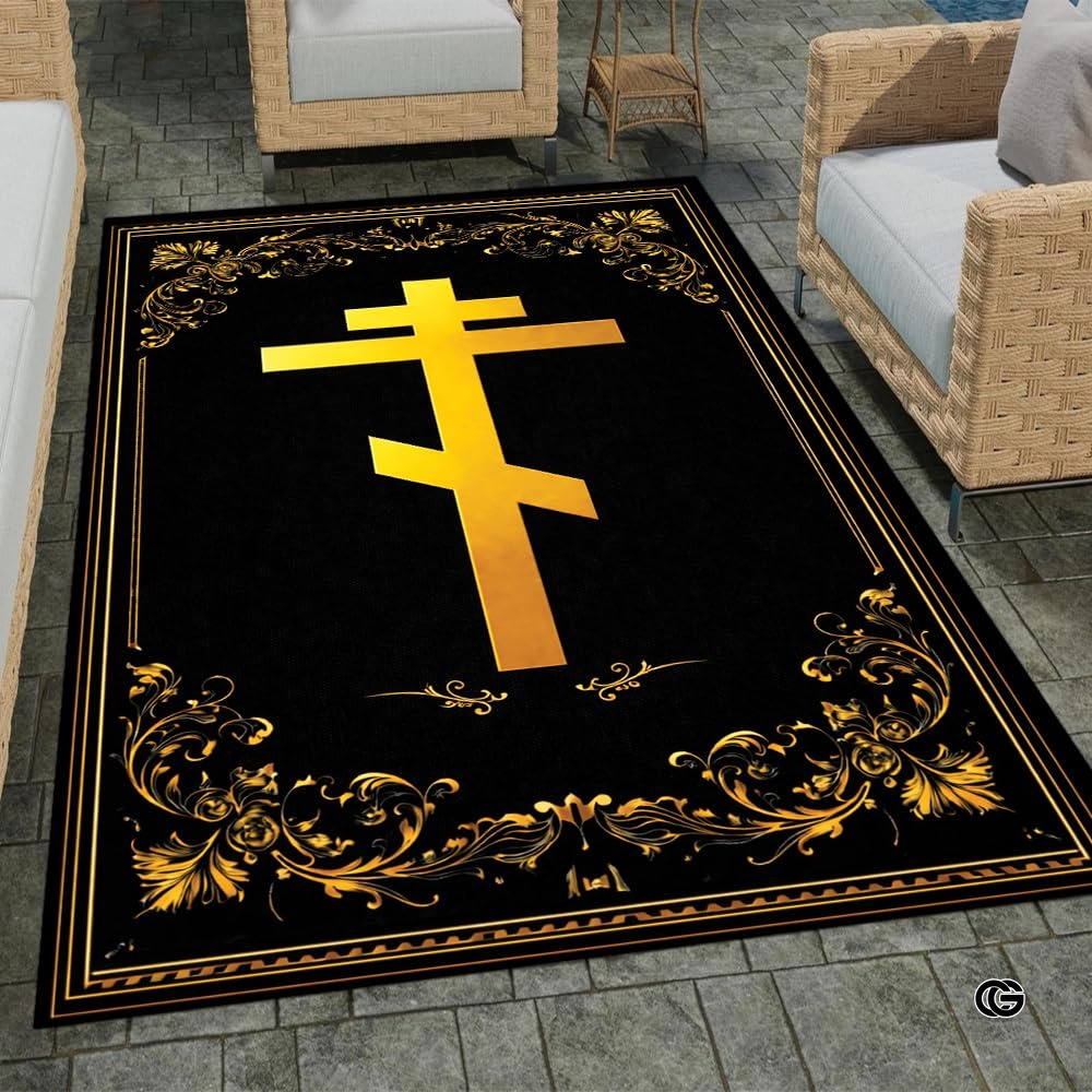 Personalized Orthodox Christian Area Rug, Custom Eastern Orthodox Russian Greek Byzantine Non-Slip Rug for Women Men, IC XC Nika Cross Mat for Living Room, Bedroom, Church Decor (D3)