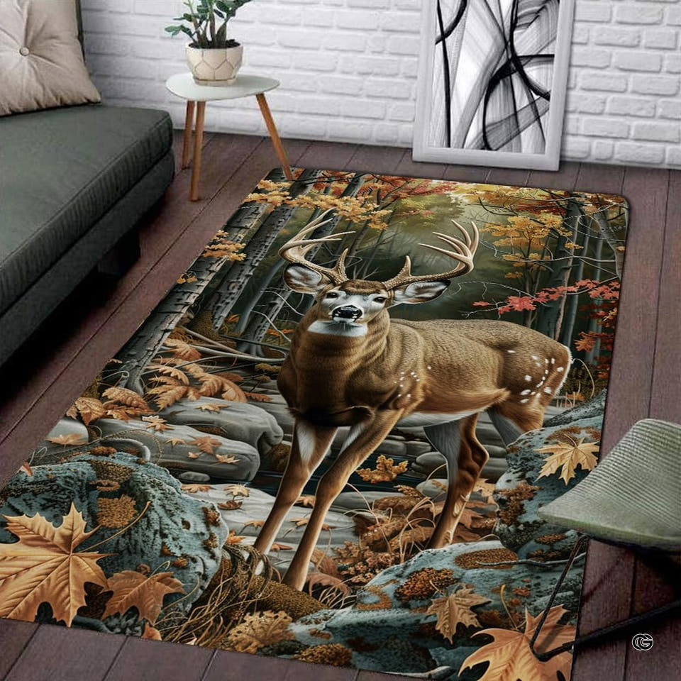 Whitetail buck area rug displaying autumn forest trees and a rocky stream for rustic forest cabin decor.