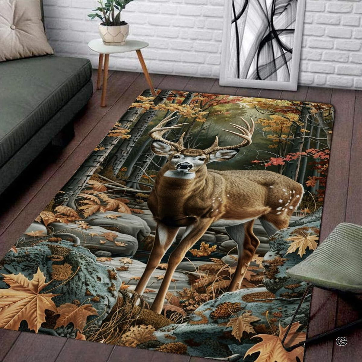 Whitetail buck area rug displaying autumn forest trees and a rocky stream for rustic forest cabin decor.