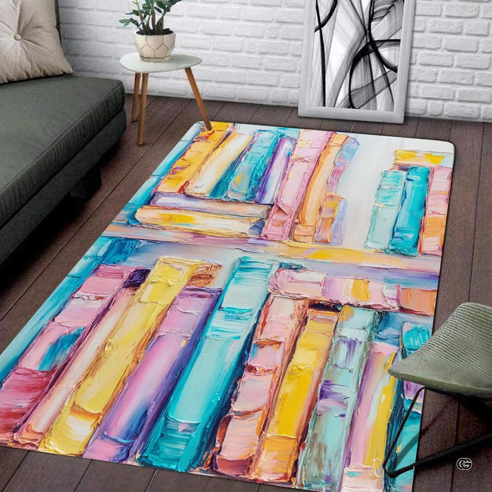 Pastel oil painting bookshelf area rug styled on a dark wood floor