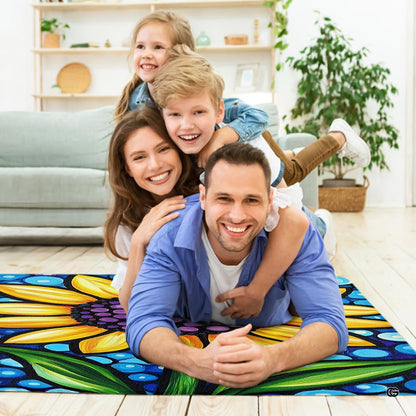 Sunflower floral tile rug anchoring a contemporary sitting room with navy and turquoise color accents. - thumbnail image 5 of 7