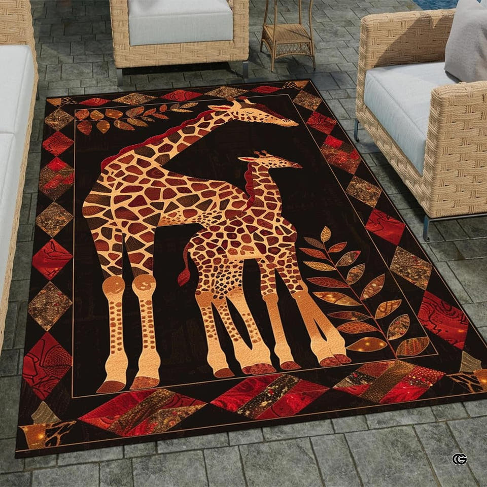 Patio stone lounge with wicker seating displaying the mother and baby giraffe area rug
