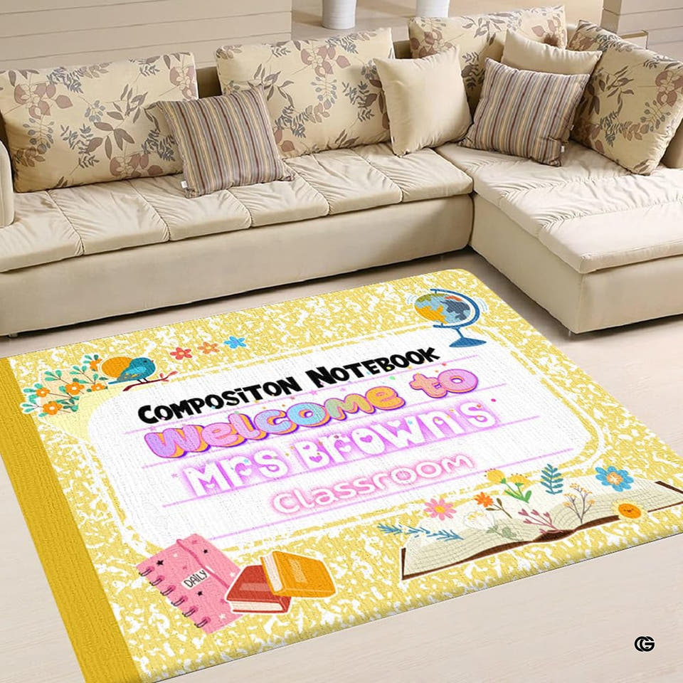 Living room sofa setting displaying the yellow marbled composition notebook teacher area rug
