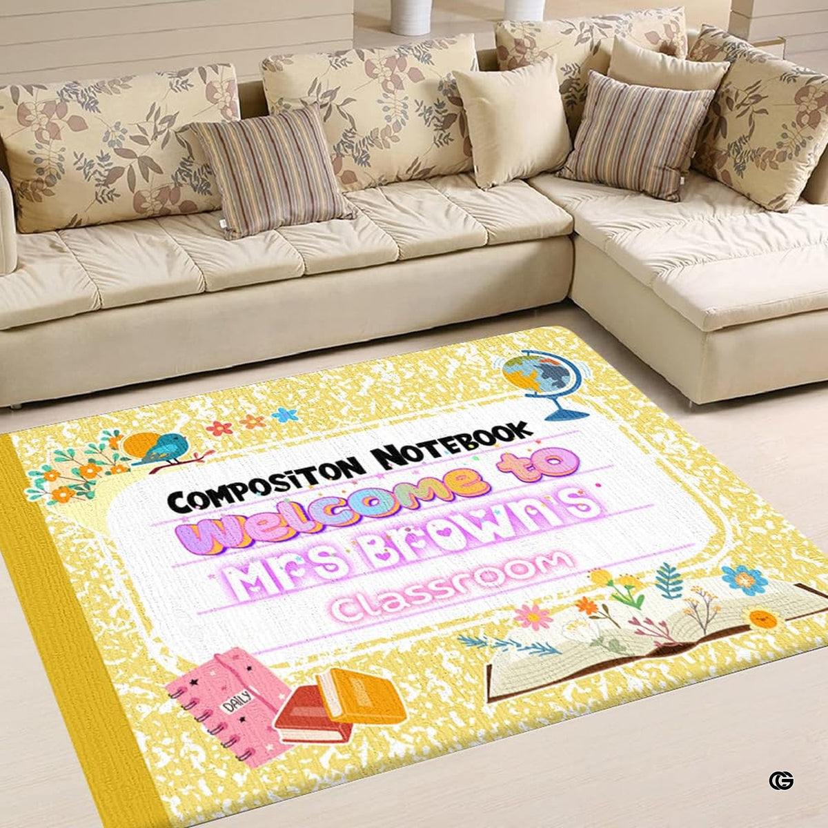 Living room sofa setting displaying the yellow marbled composition notebook teacher area rug