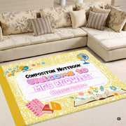 Living room sofa setting displaying the yellow marbled composition notebook teacher area rug - thumbnail image 1 of 8