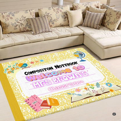 Living room sofa setting displaying the yellow marbled composition notebook teacher area rug - thumbnail image 1 of 8