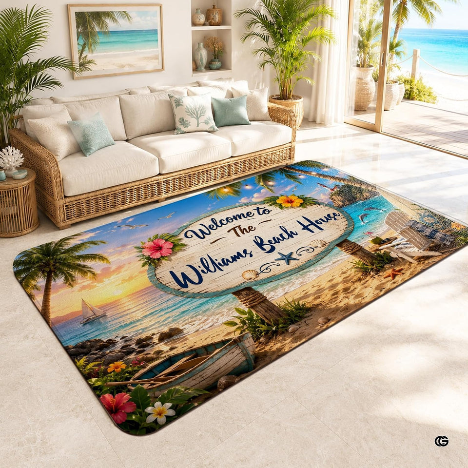 Personalized Tropical Beach Rug, Custom Family Name Tropical Outdoor Rug, Flamingo Surfboard Ocean Area Rug for Living Room, Patio, Beach House Decor, Design 06