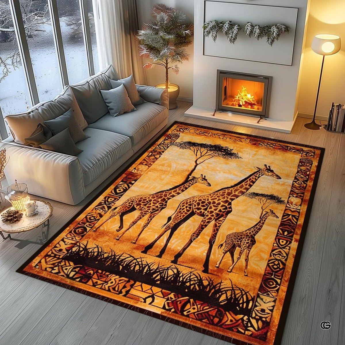 Sunlit living room fireplace setting displaying the safari giraffe family area rug - image 6 of 7