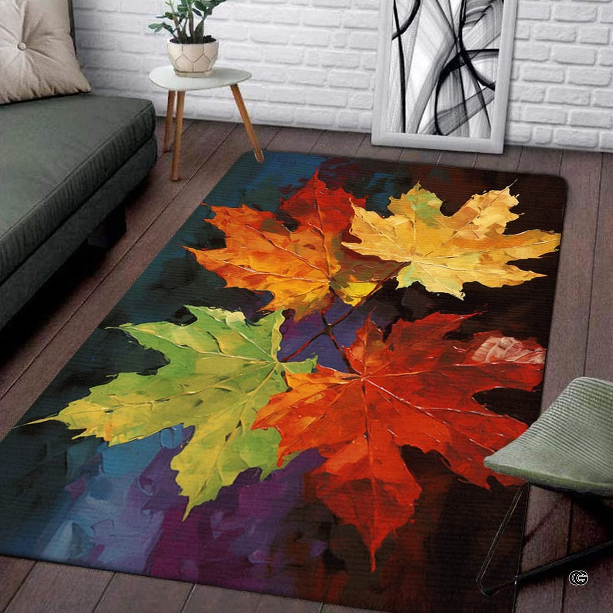 Modern living room sofa setting displaying the oil painting colorful maple leaves area rug - image 1 of 7