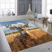 Rustic deer hunting floor rug displayed in comfortable cabin room - thumbnail image 6 of 7