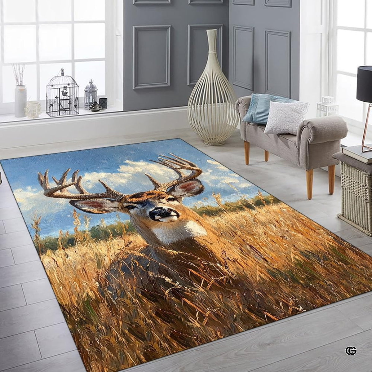 Rustic deer hunting floor rug displayed in comfortable cabin room - image 6 of 7