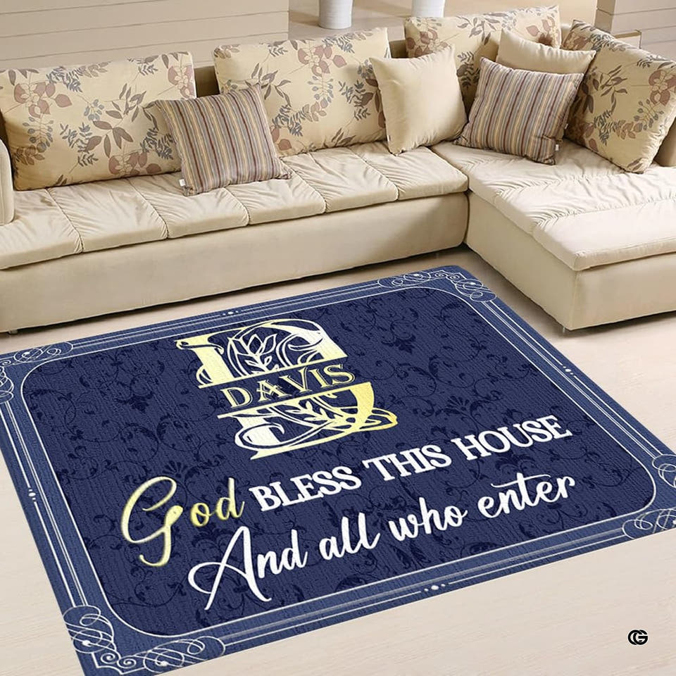 Monogram crest faith greeting navy damask rectangular area rug in top overhead view
