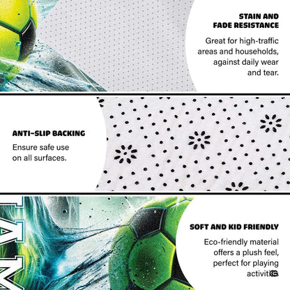 Close-up of collegiate block lettering and teal wave art across the border of a sports area rug. - thumbnail image 4 of 8