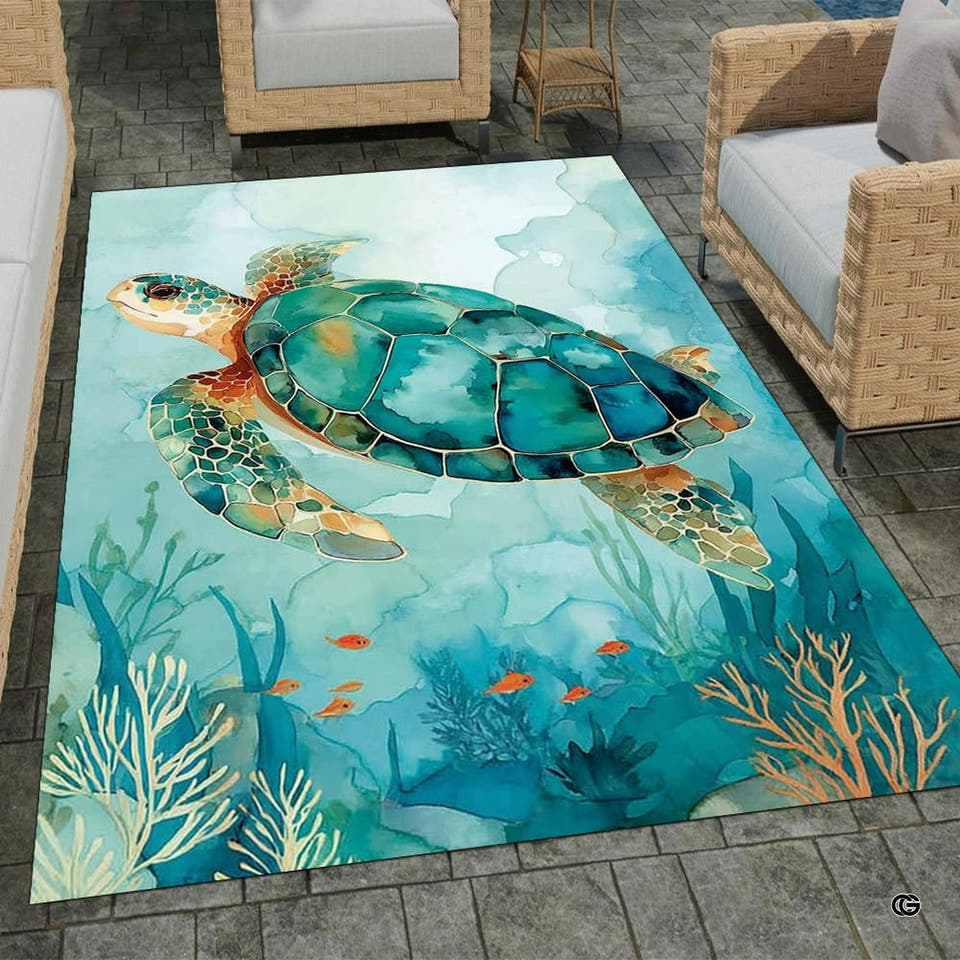 Watercolor sea turtle rug displaying an underwater turtle and orange fish in turquoise hues.