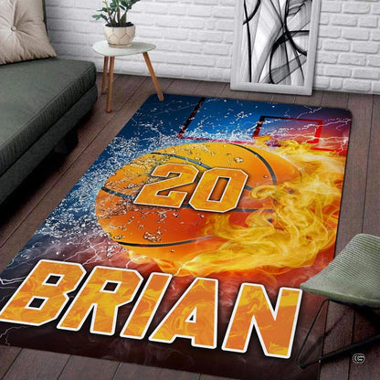 Custom fire and ice basketball living room area rug with elemental water flame art and athletic personalization banner - thumbnail image 1 of 7
