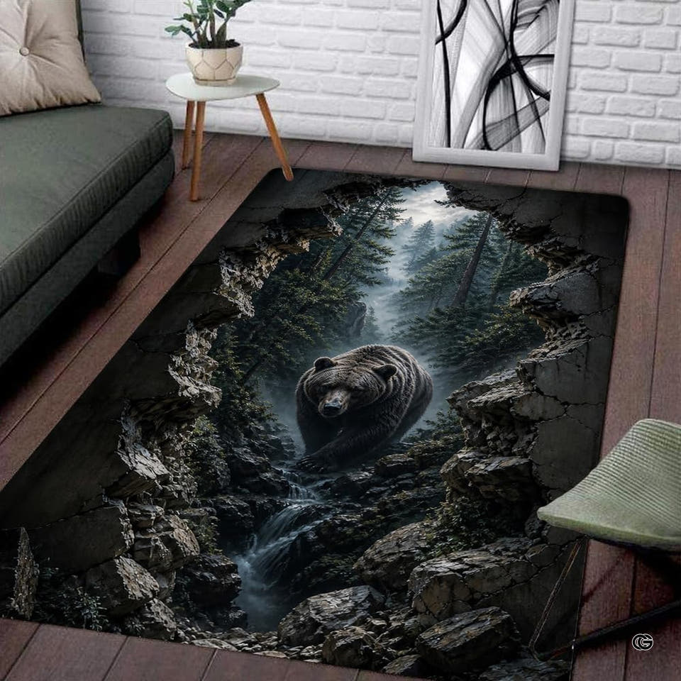Rectangular area rug depicting a brown bear in a misty forest canyon on a wood floor.
