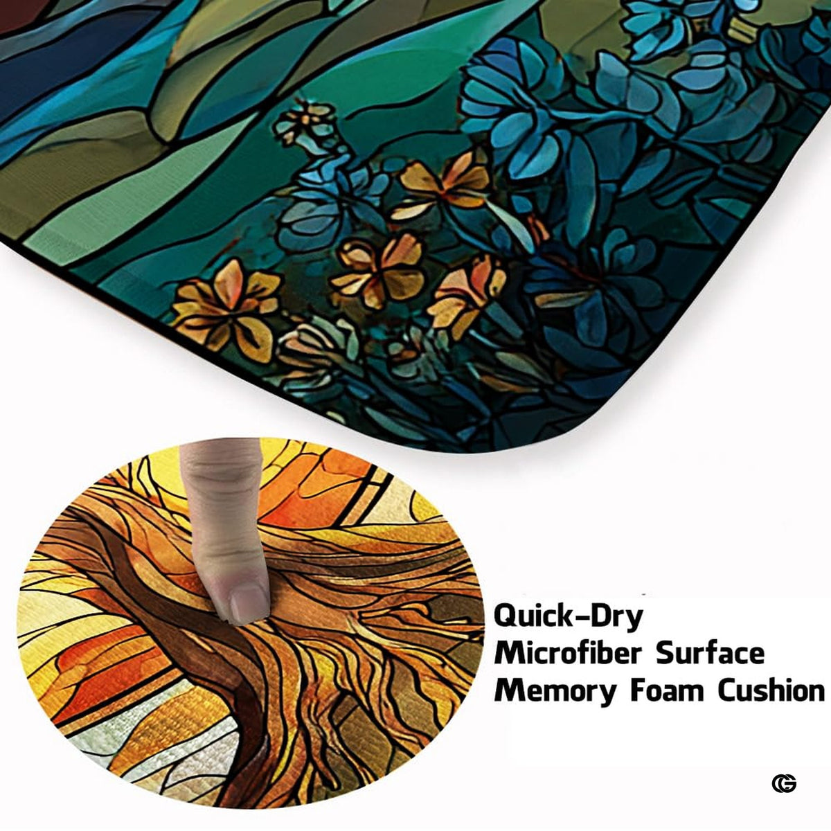 Fireside lounge setting with a person relaxing on the stained glass sunset tree rug - image 5 of 8