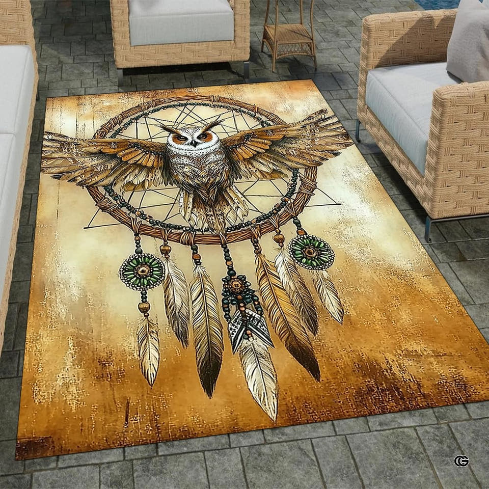 Barn owl boho dream catcher area rug with hanging feathers on an aged parchment background.