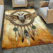 Barn owl boho dream catcher area rug with hanging feathers on an aged parchment background. - thumbnail image 1 of 8
