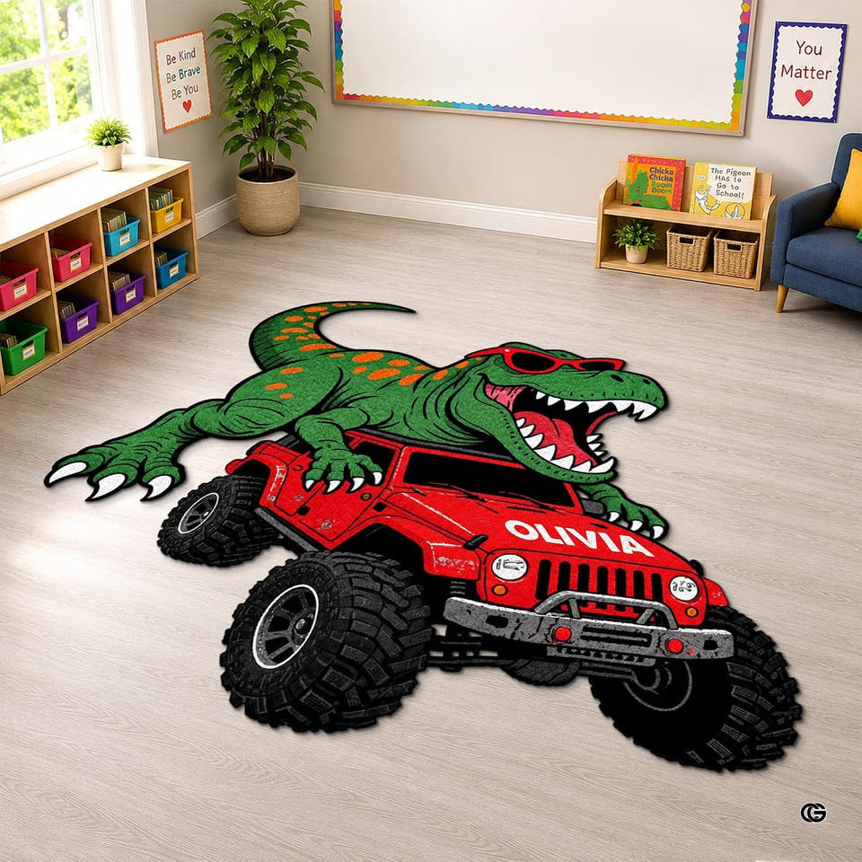 Dinosaur monster truck rug in a classroom
