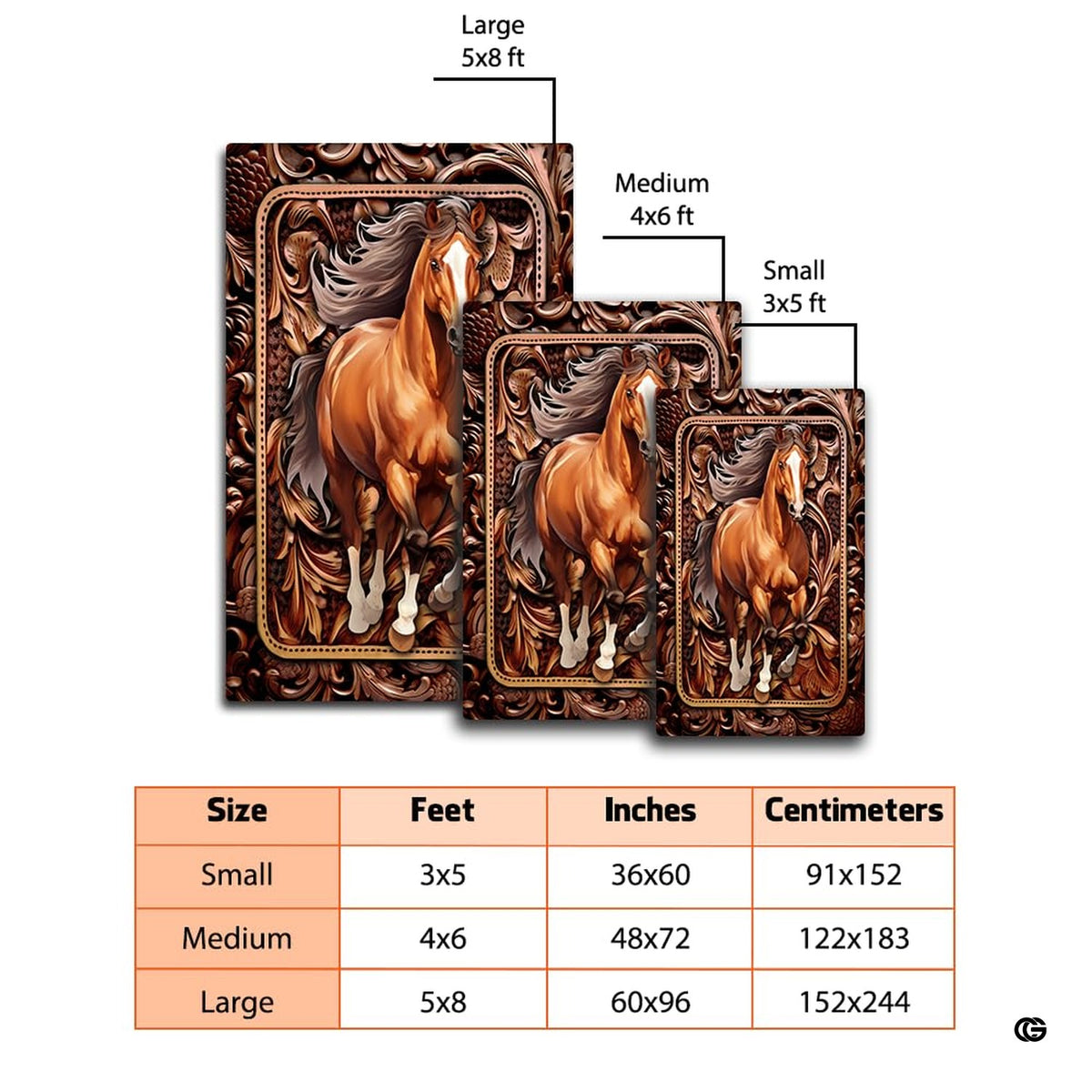 Detail view of equestrian artwork showing floral tooling style in decorative accent brown shades.