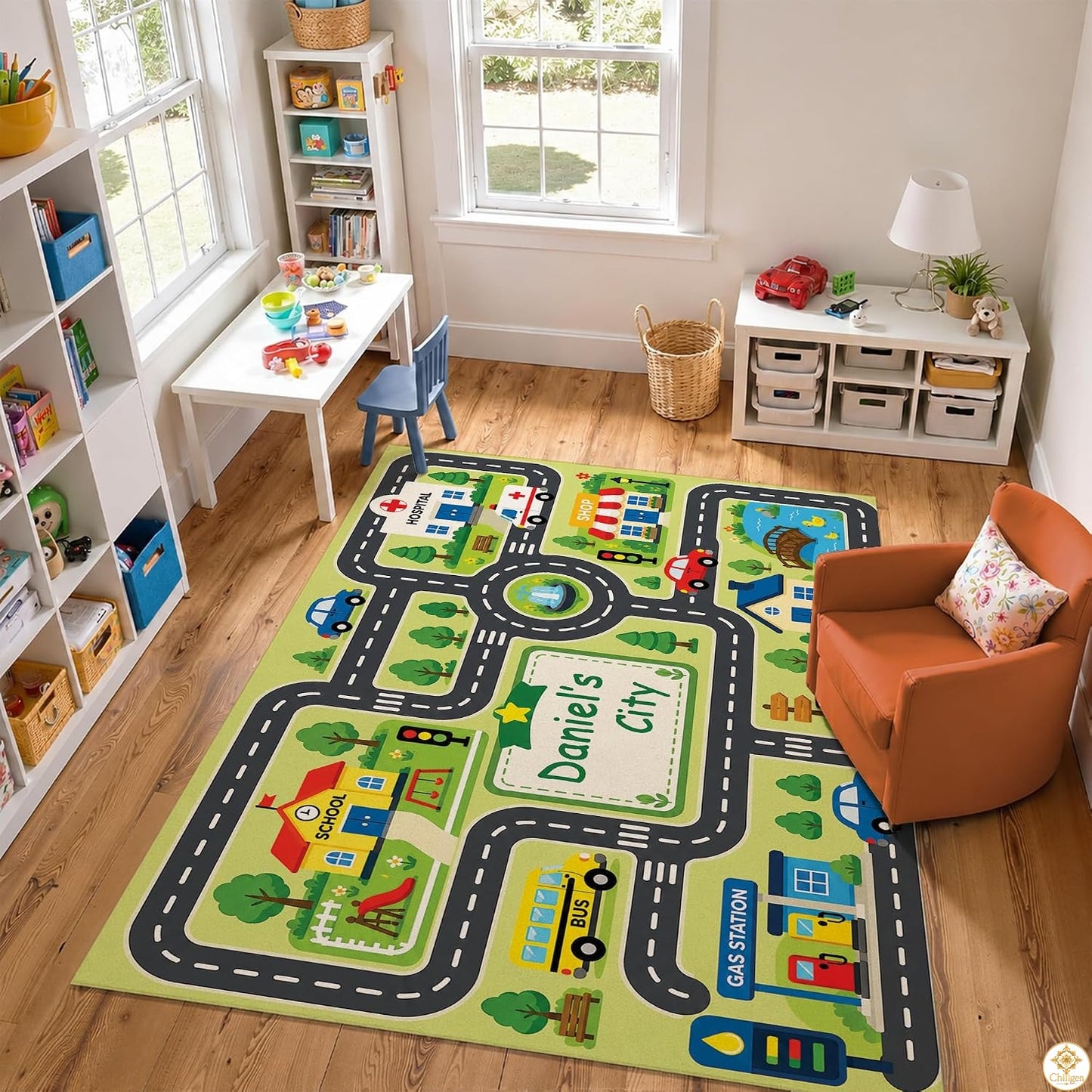 Custom Road Map Area Rug with Personalized City Street and Cars